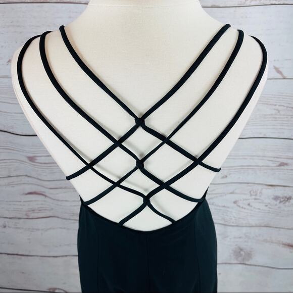 Cache vintage long black dress crisscross back silk front slit - Picture 7 of 13